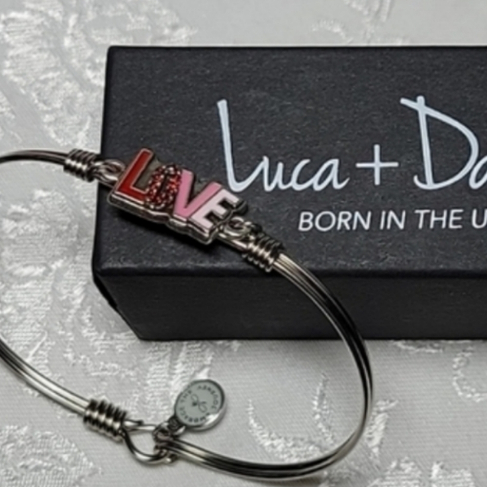 Luca + Danni Silver "LOVE" Crystal & Enamel Charm Bangle Bracelet